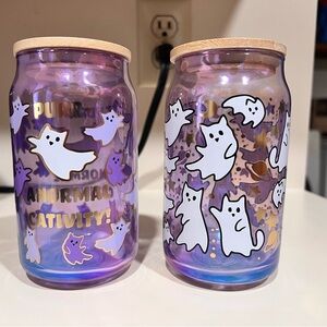 Purple Ghost Cat Glass Iced Coffee Cups